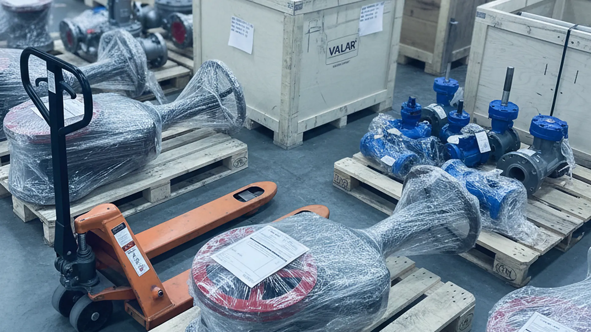 Depósito de VAL-AR con válvulas industriales listas para despachar