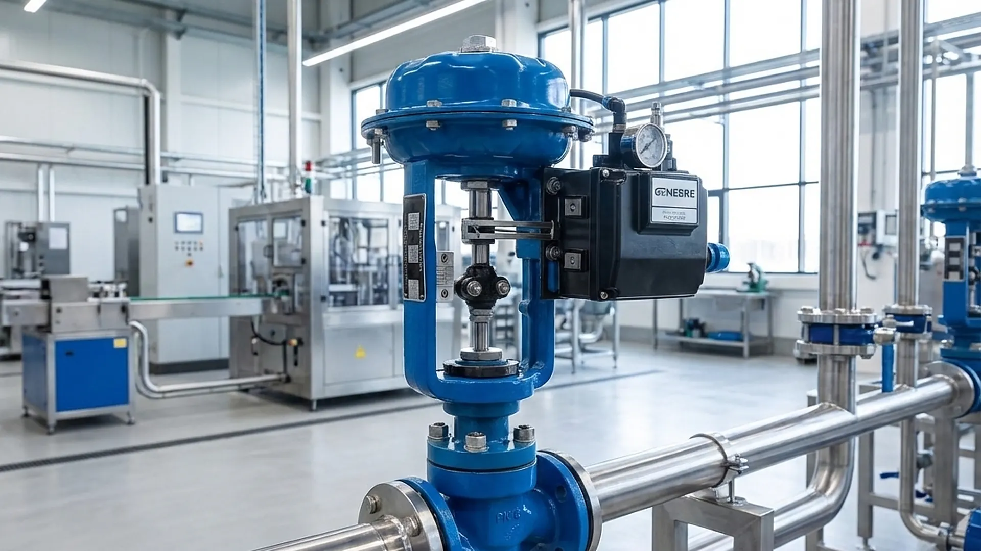 Válvula de control Genebre instalada en una planta industrial
